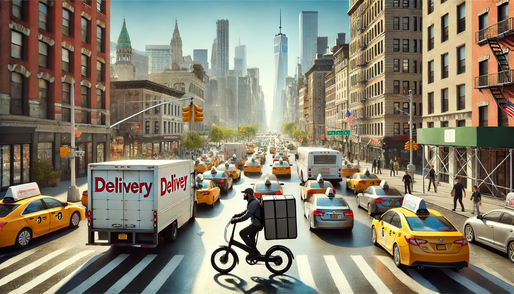 Delivery route planner navigating NYC congestion tax zones with an electric cargo bike, emphasizing efficient urban logistics against a backdrop of busy Manhattan streets and iconic skyscrapers