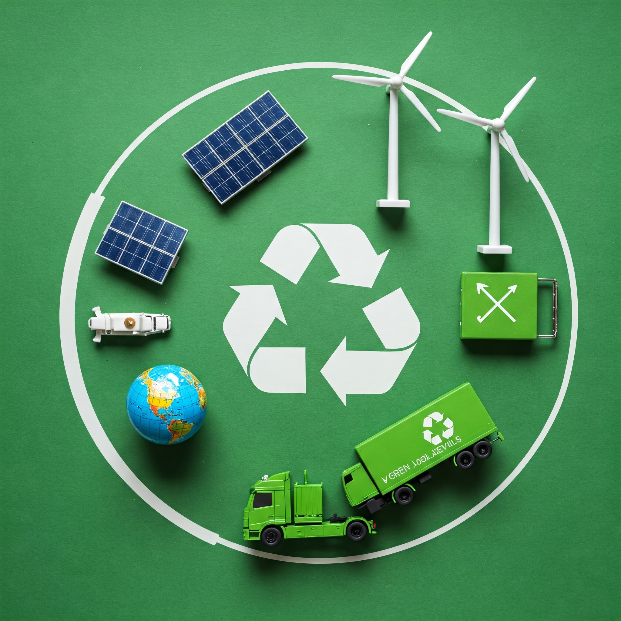A flat lay image of green logistics elements, including a globe, a solar panel, a wind turbine, an electric truck, and a recycling symbol, with a green background and a white circle outline.