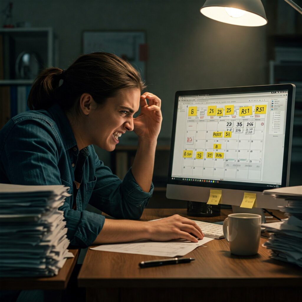 Frustrated woman at desk looking at computer screen with calendar, how to handle a bad employee