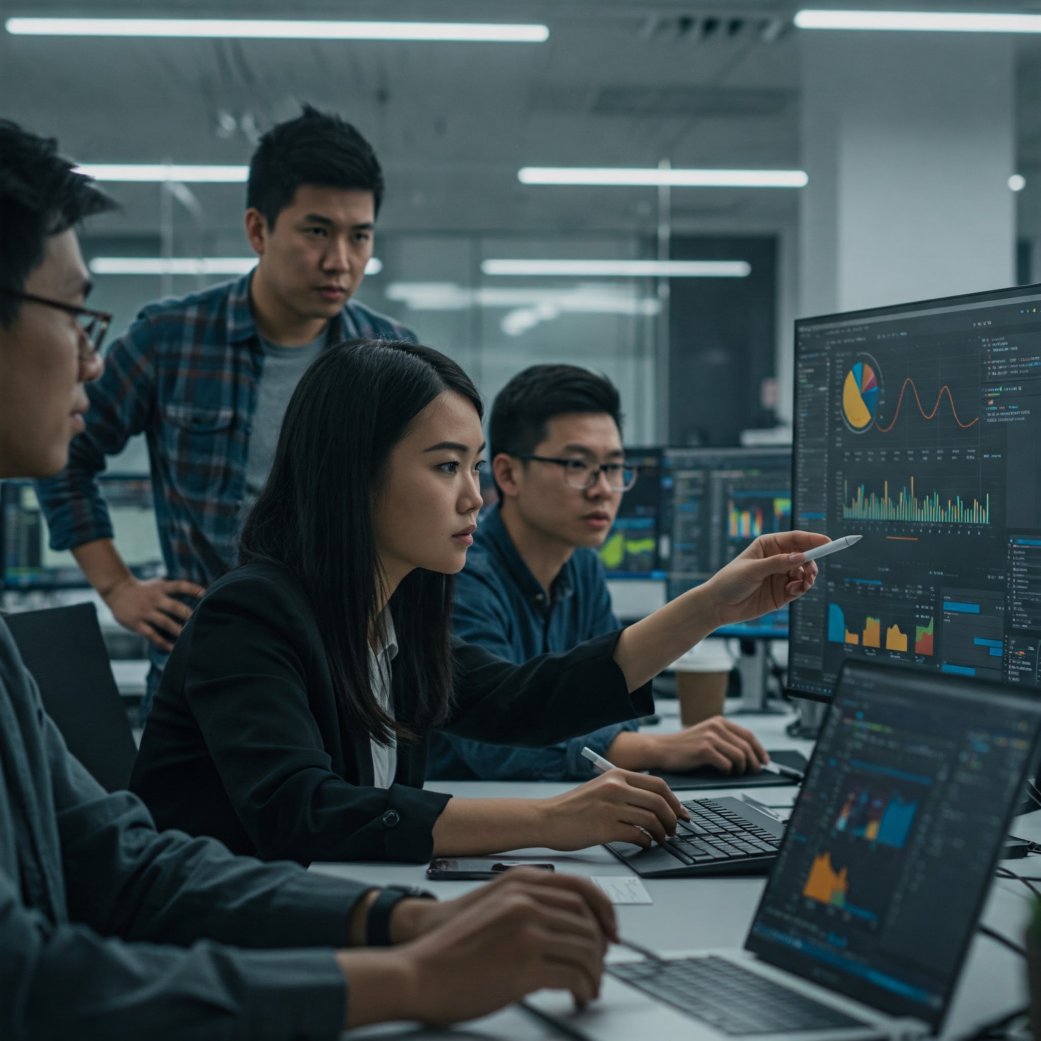 A diverse group of tech professionals collaborating in a modern office setting. They are working on computers and engaging in discussions, showcasing their dedication and teamwork in the tech industry.