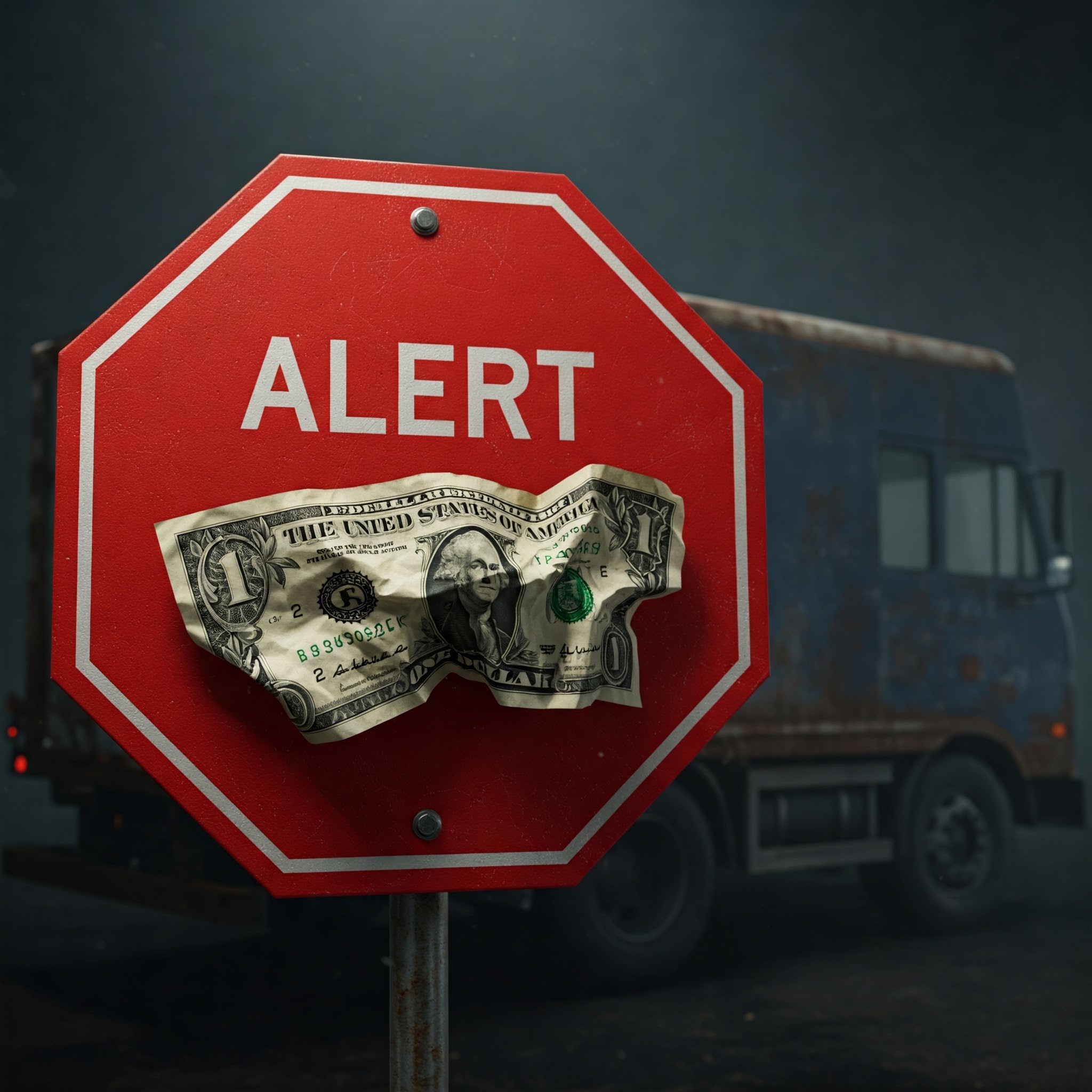 A red alert sign with a dollar bill and a truck in the background, along with shipping containers and a warehouse, highlighting the potential impact of inflation on logistics operations, including supply chain disruptions, increased transportation costs, and storage challenges.