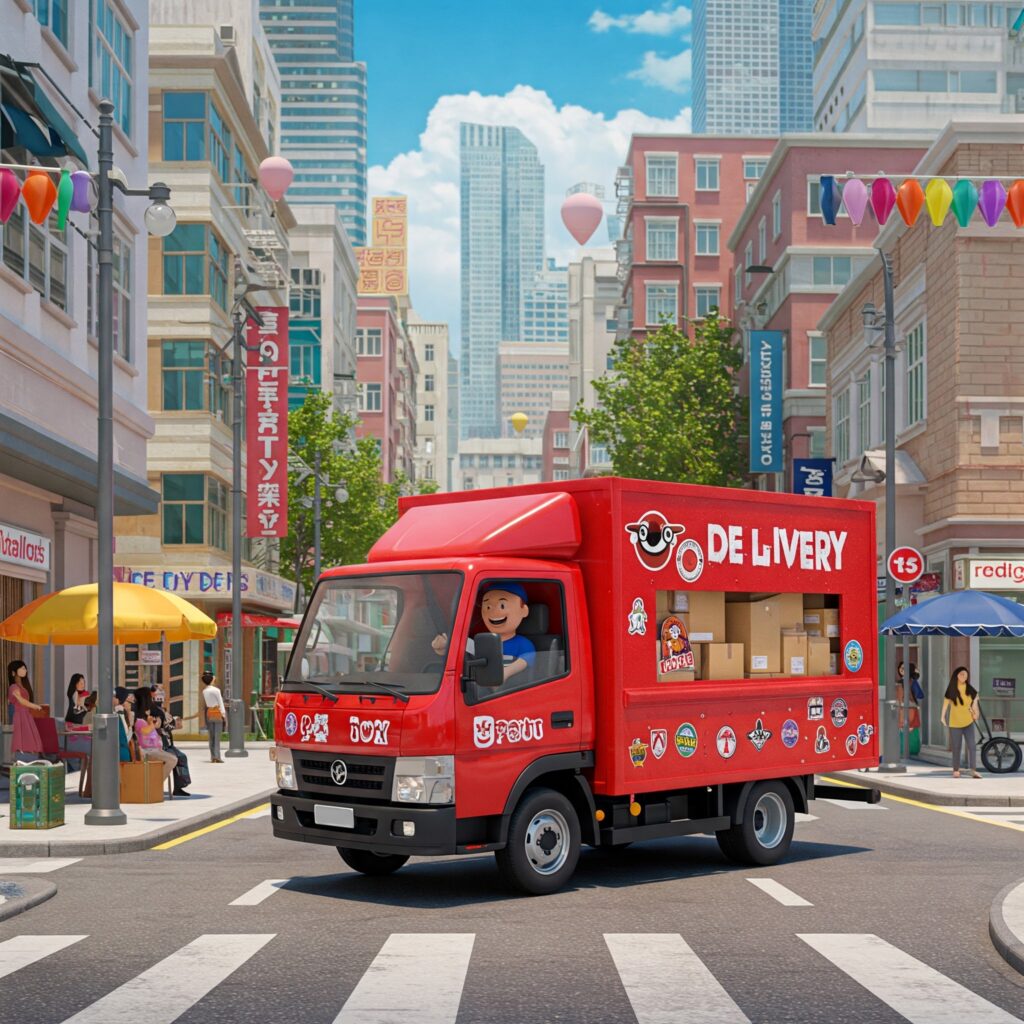 A delivery truck making a last-mile delivery to a customer's home. The truck is parked in front of the house, and the driver is carrying a package to the front door. The image is bright and colorful, with a focus on the delivery truck and the surrounding cityscape.