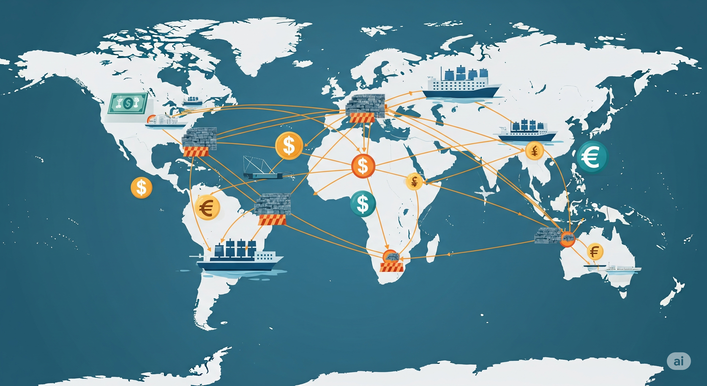 World map illustration depicting global tariffs and their impact on international trade, showing interconnected shipping routes, major currency symbols (USD, EUR, JPY), and visible economic barriers hindering the flow of goods between countries.