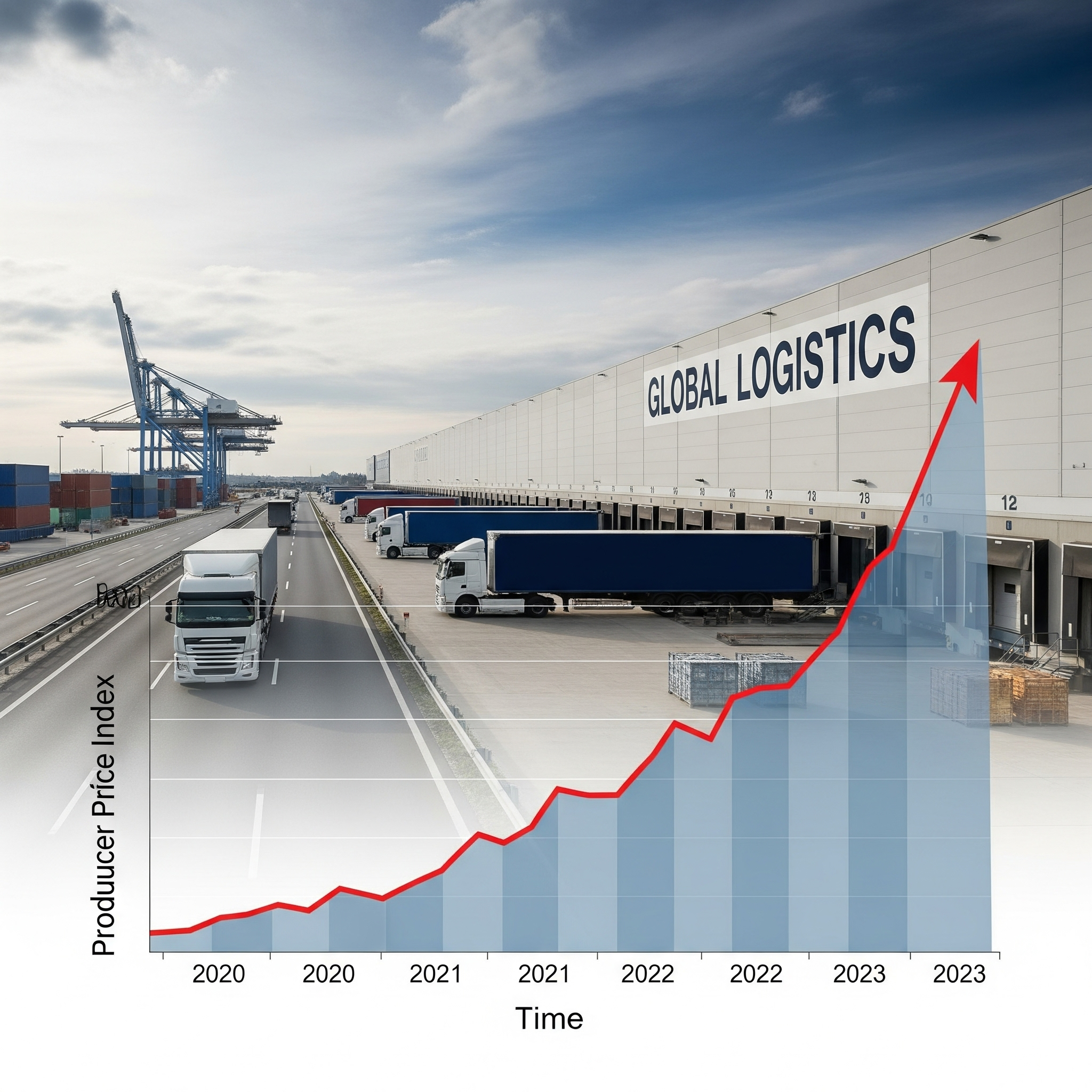 Blue background with white headline text reading 'Today's PPI Shocks Markets: Logistics Costs Take Center Stage' and yellow subheading 'July 2025 Producer Price Index rises 0.9% MoM – Logistics costs on the rise,' with faint upward-trending line graph in the background