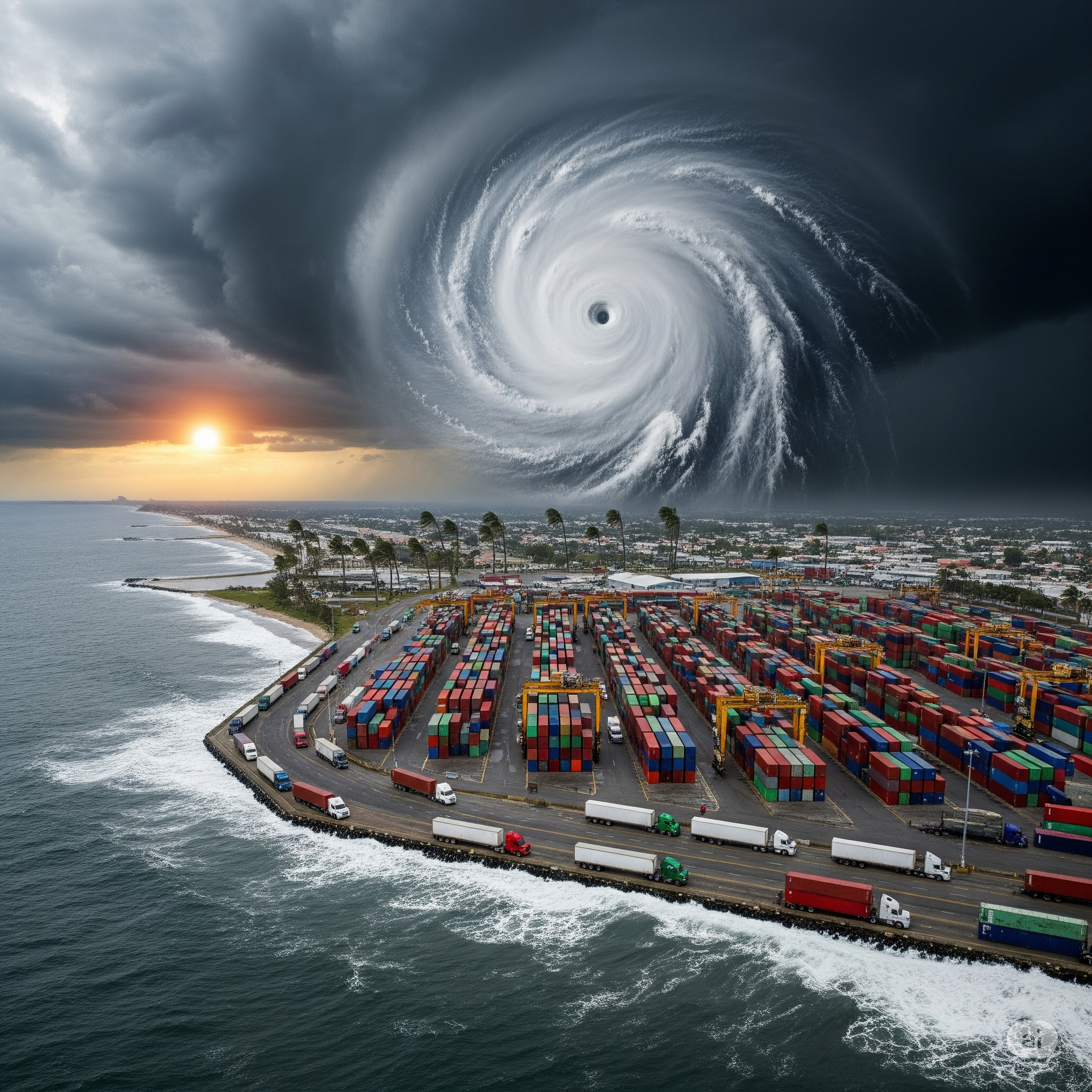 Hurricane Erin Path Tracker showing projected storm path along the Atlantic Ocean and its impact on U.S. East Coast logistics, ports, and supply chain