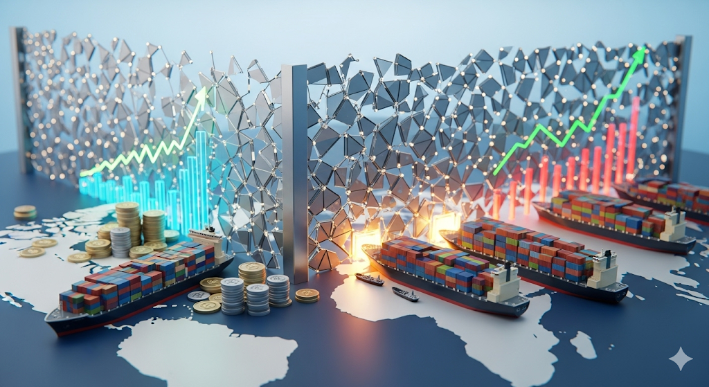 A conceptual illustration of tariffs as a trade barrier, showing a transparent wall on a world map. On one side, a vibrant global economy with thriving shipping and currency, and on the other, a muted economy with hindered international trade. This image visually represents the impact of economic policy on logistics