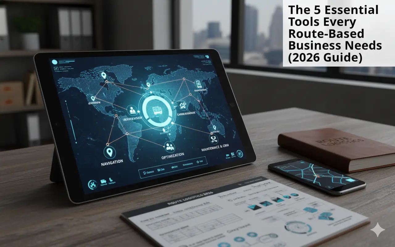 A tablet on a wooden desk displaying a high-tech global route optimization map with interconnected nodes, alongside a smartphone showing GPS navigation and logistics documents.