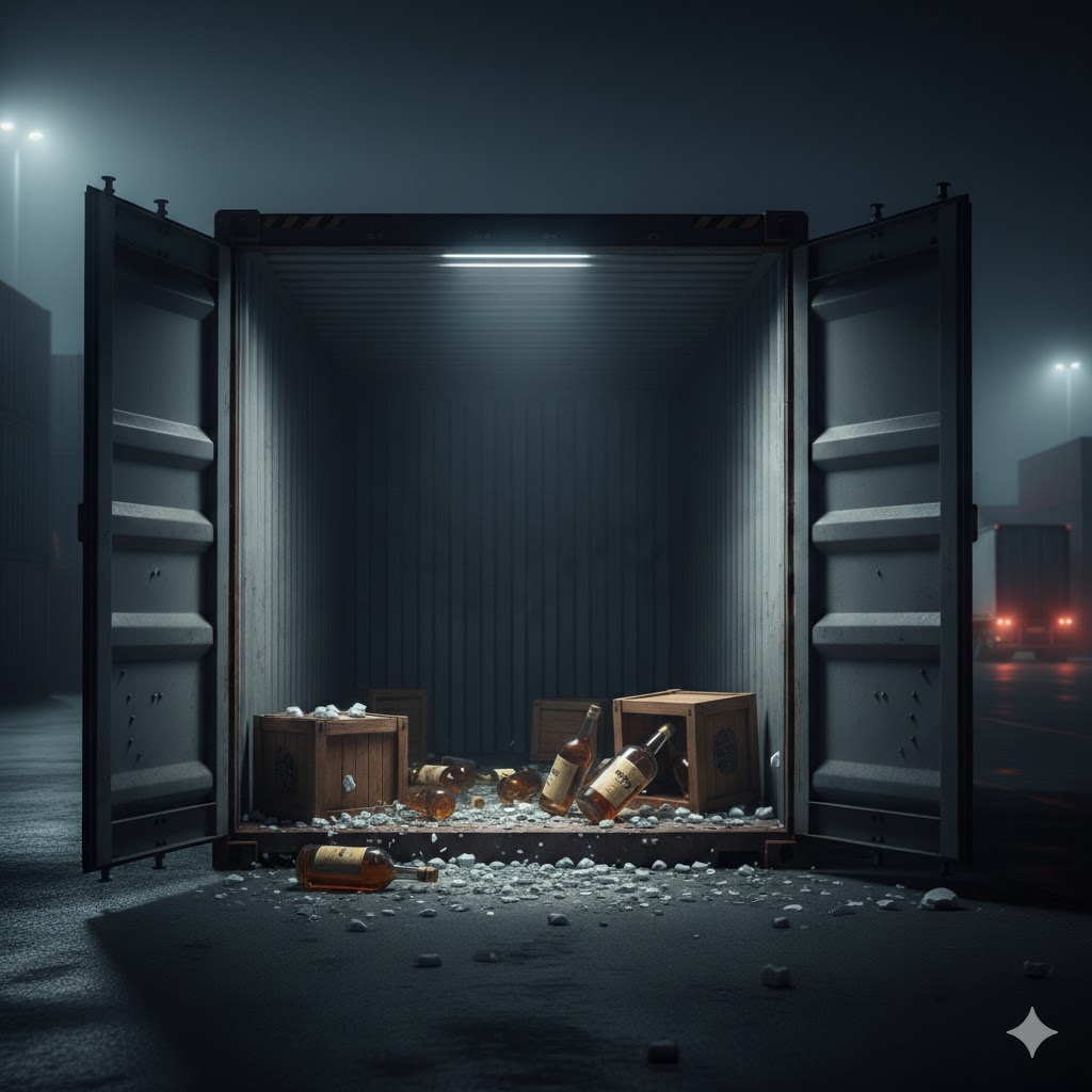 An open, dimly lit shipping container with scattered wooden crates and empty tequila bottles on the ground, visually representing stolen cargo and freight theft. This image highlights supply chain vulnerabilities and the risks associated with double brokering in logistics