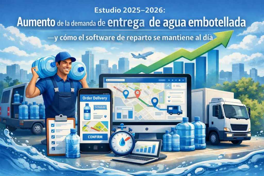 Ilustración digital del estudio 2025–2026 que muestra el aumento en la demanda de entrega de agua embotellada, con un repartidor cargando garrafones, camiones de distribución y una pantalla con software de gestión de rutas y optimización logística, destacando el crecimiento del sector.