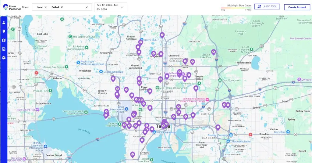 Route Planner AI dashboard showing the lasso tool selecting sales leads for an optimized sales blitz route.
