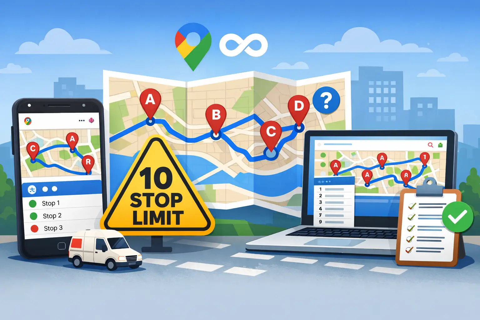 Illustration showing multiple stops added in Google Maps with a visible 10 stop limit warning on desktop and mobile