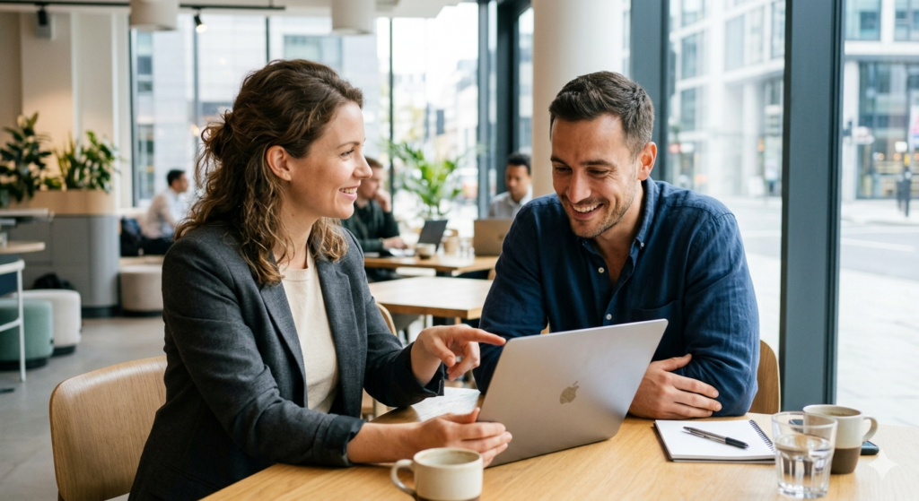 Field sales rep in productive customer meeting