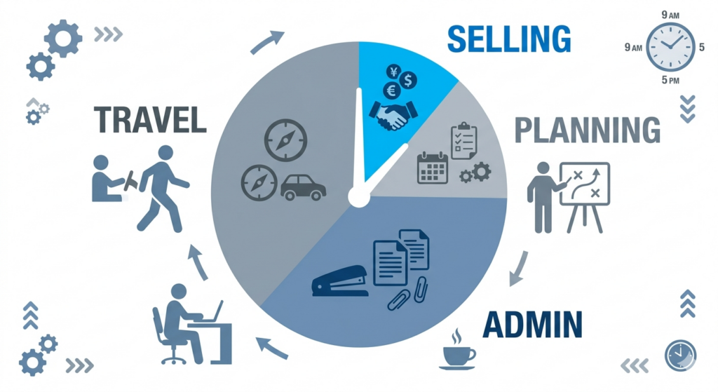 Infographic showing field sales rep working day split between selling, travel and admin