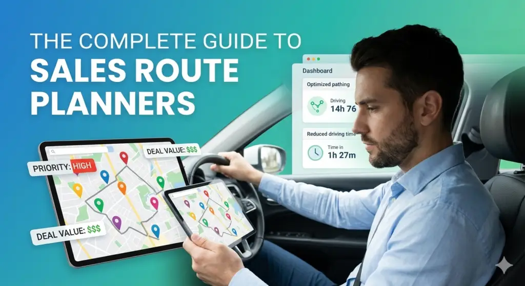 A field sales representative using a tablet with a sales route planner map showing optimized paths and deal values.