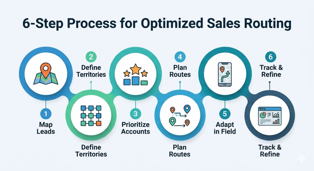 Infographic showing the 6-step process for sales route planning: map leads, define territories, prioritize accounts, plan routes, adapt in field, and track results.