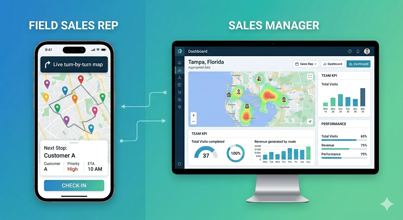 Comparison of a mobile sales route app for field reps versus a desktop analytics dashboard for sales managers.