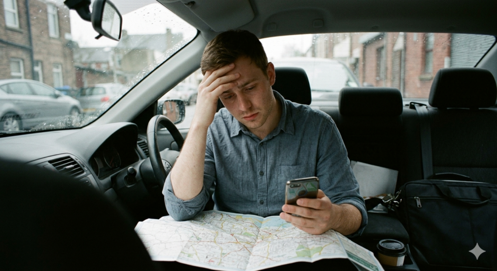 Sales rep struggling with disorganised route planning in car
