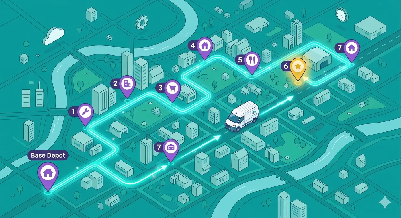 AI route planner optimizing a field service route with multiple stops on a city map
