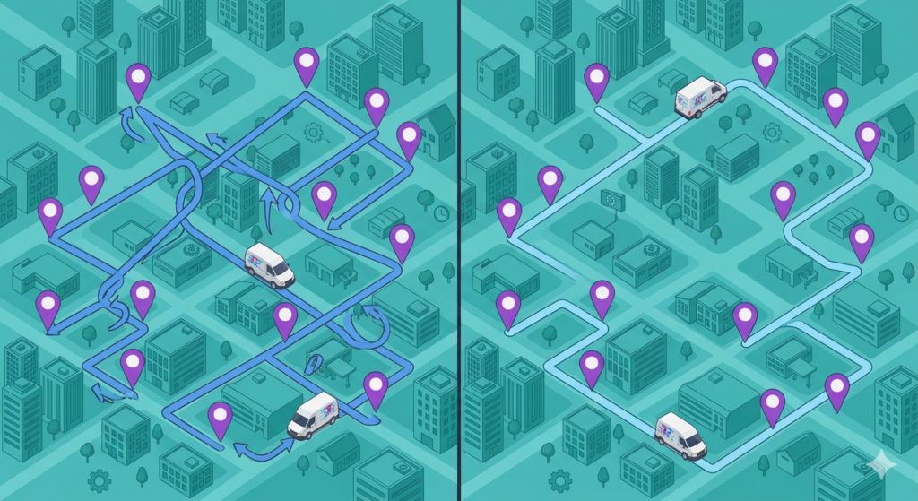 Comparison of a manual route with backtracking versus an AI-optimized route with efficient stop sequencing
