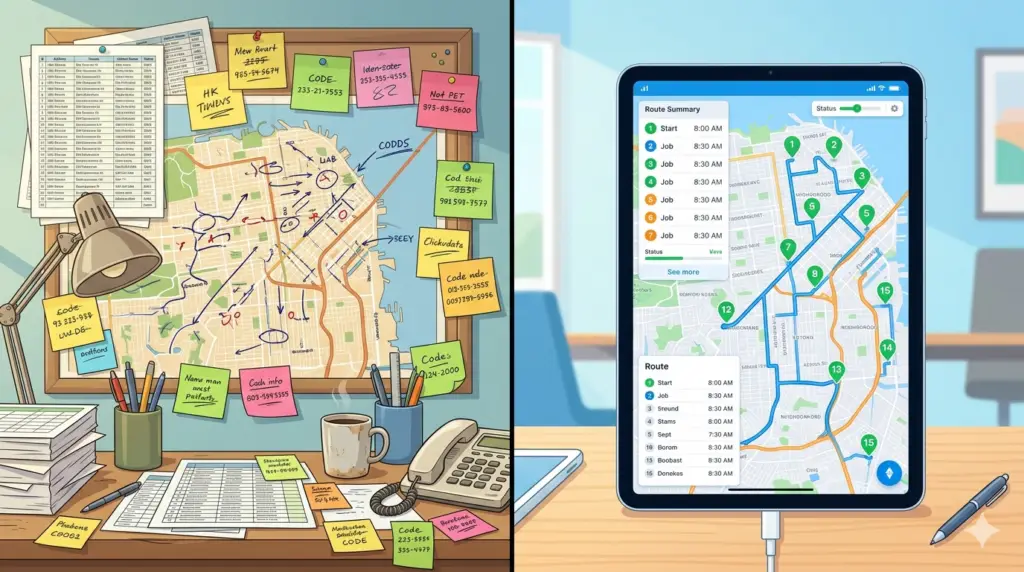 Manual route planning with paper spreadsheets compared to software-based route optimization on a tablet