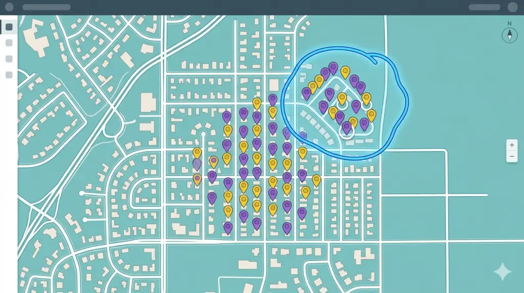 Lasso tool selecting clustered pest control service stops on a route planning map