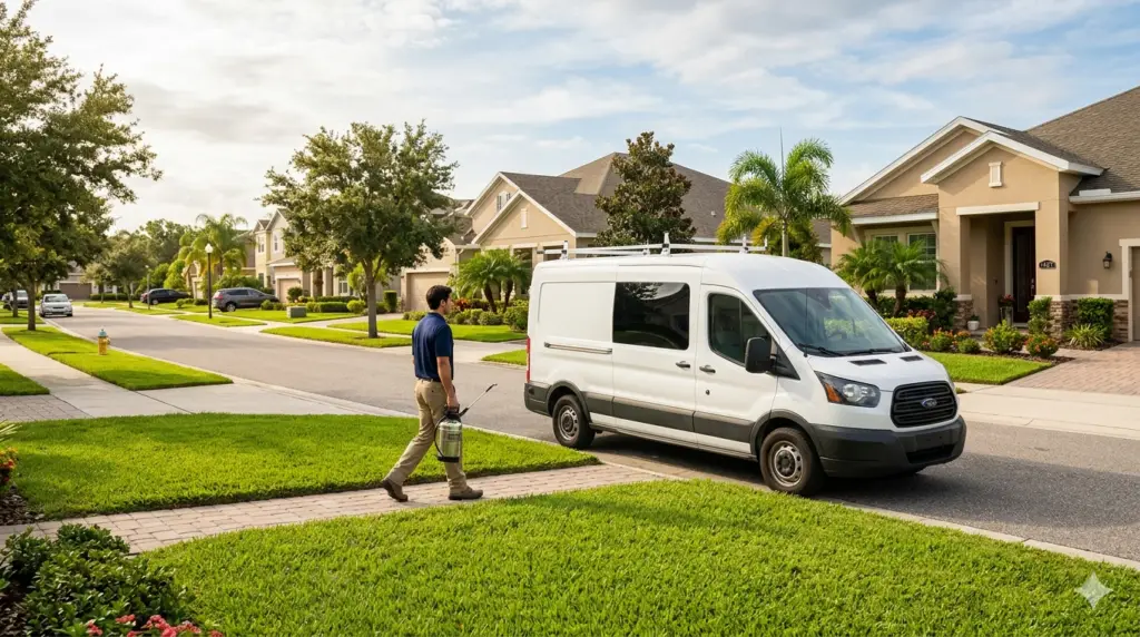 Pest control technician approaching a residential home for a scheduled service visit