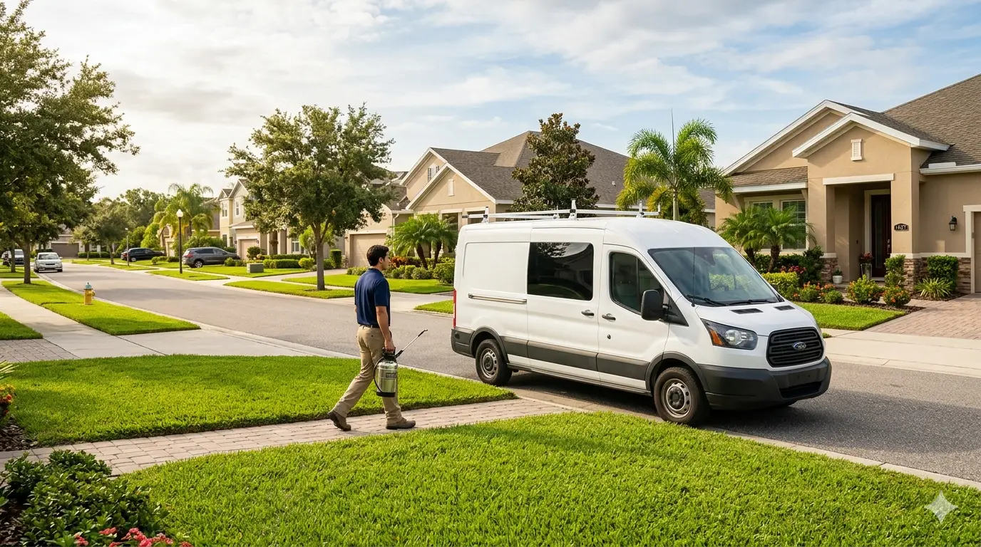 Pest control technician approaching a residential home for a scheduled service visit