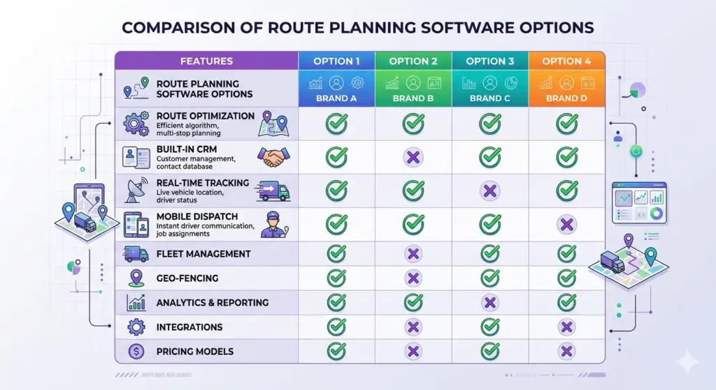 Route planning software comparison chart showing feature differences across providers