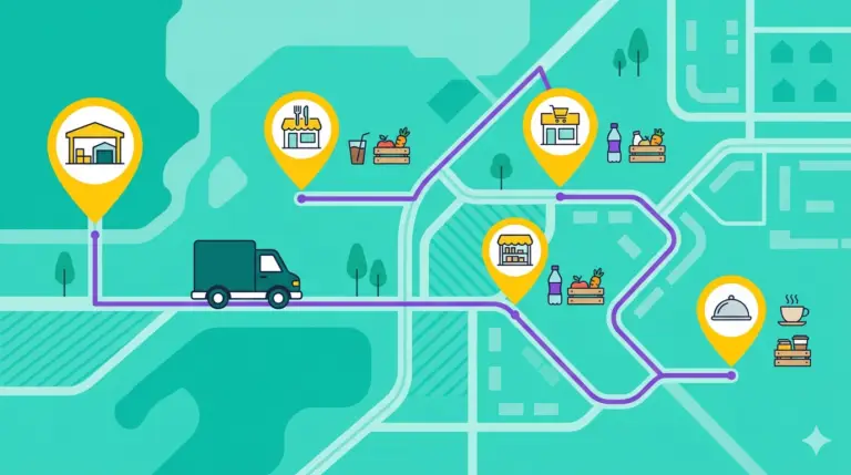 Routing software for food and beverage showing optimized delivery routes to restaurants and retailers