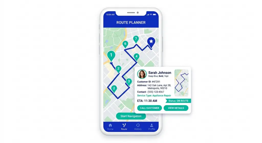 Route CRM software showing an optimized route with customer details on a mobile phone
