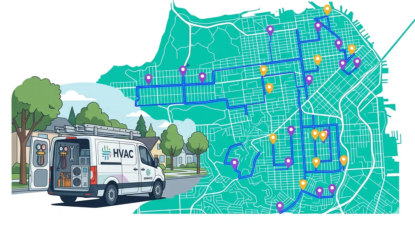 HVAC routing software interface showing optimized technician routes across a city service area