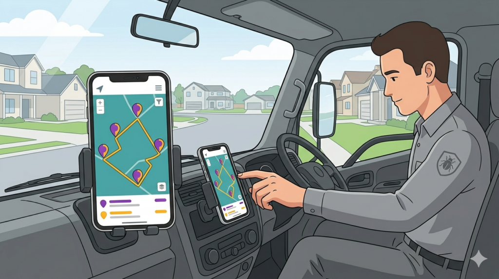 Pest control CRM software comparison showing route dispatch screen with customer records and optimized stop sequence