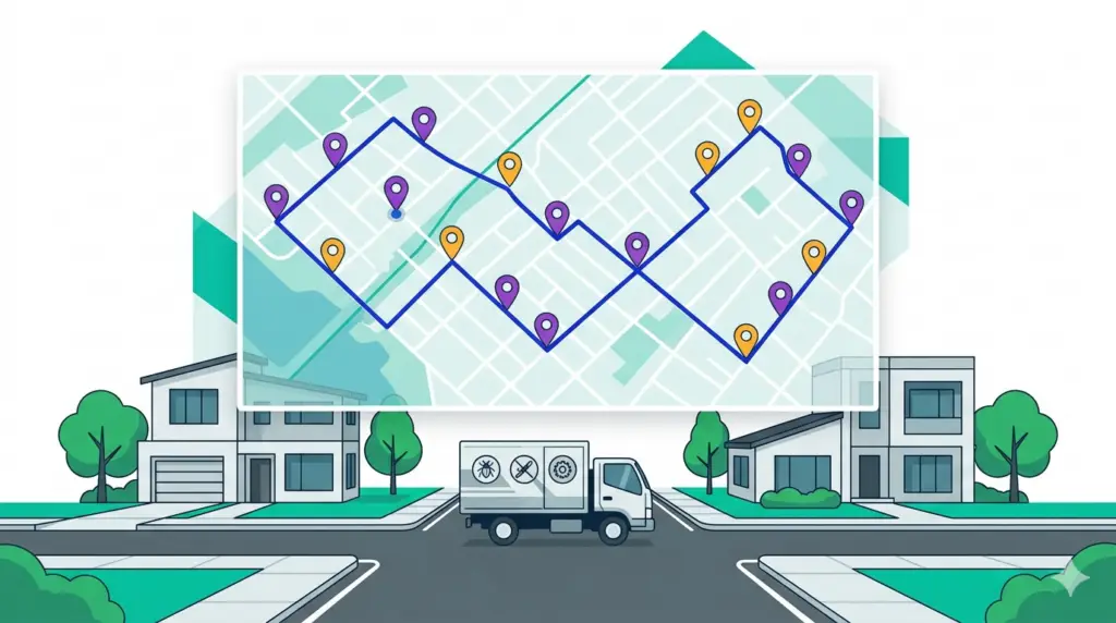 Pest control route planning map showing optimized stops across a residential service zone
