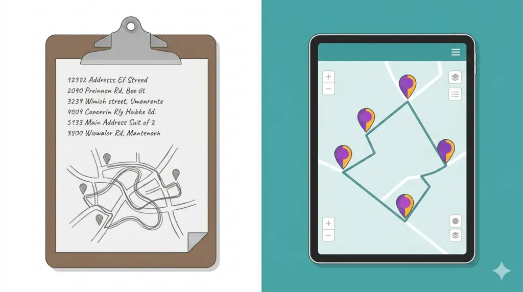 Pest control route planning comparison showing manual clipboard planning versus software route optimization on a map