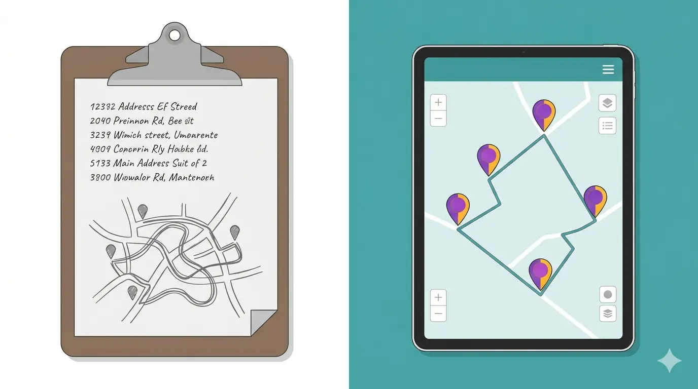 Pest control route planning comparison showing manual clipboard planning versus software route optimization on a map