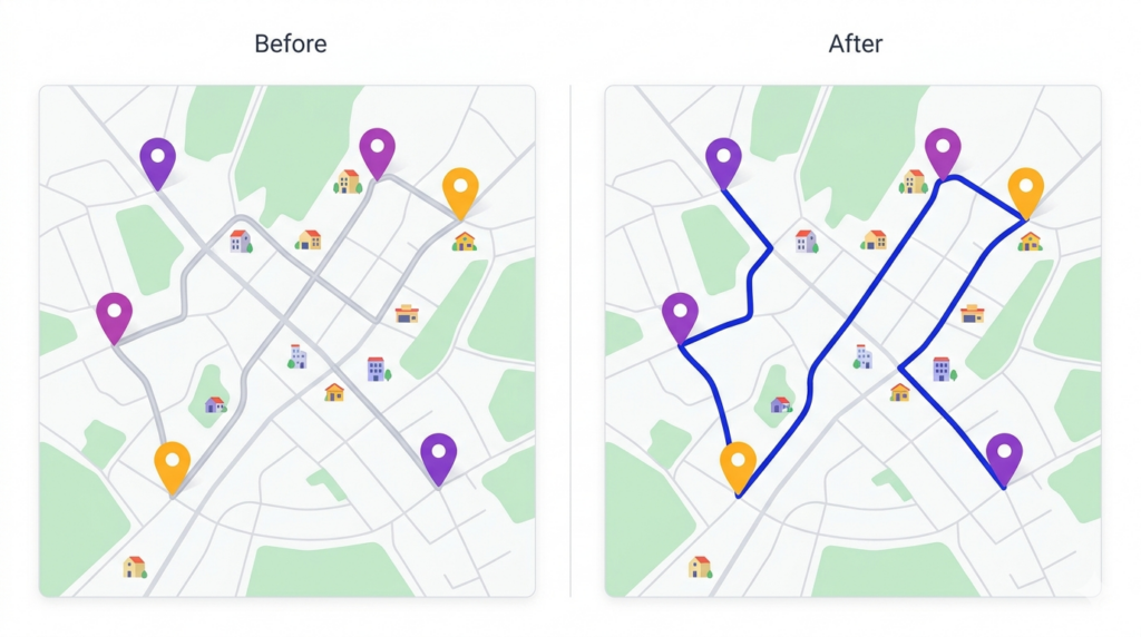Pest control route planning comparison showing manual stop sequencing versus optimized sequencing