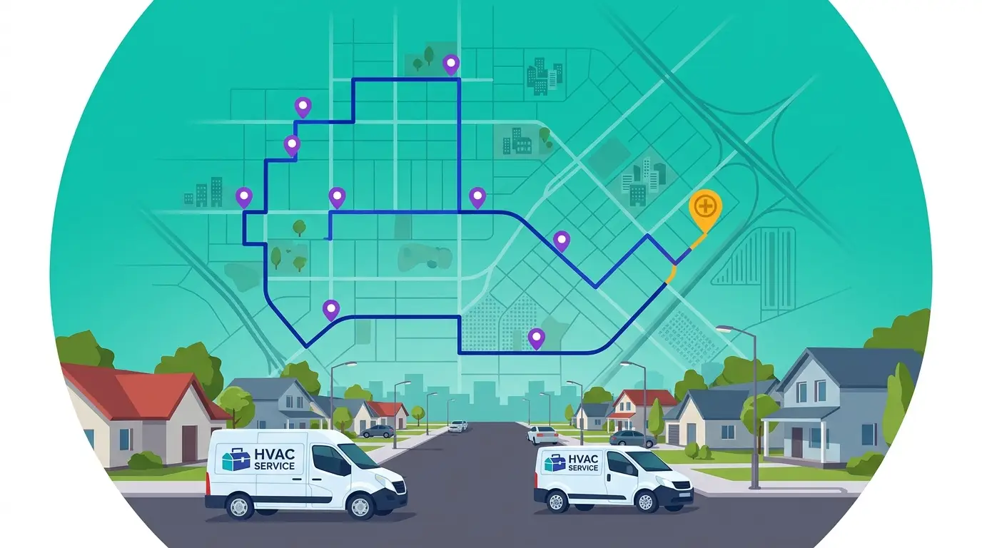 HVAC route optimization software showing multiple technician routes sequenced across a city service area