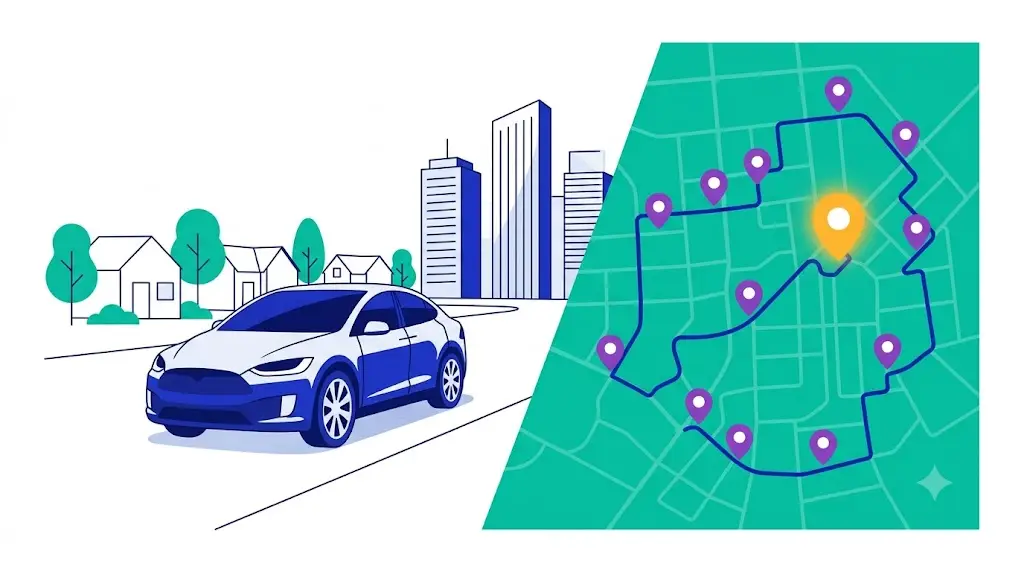 Route planning for sales reps showing an outside sales rep's day of accounts optimized into an efficient loop across a territory
