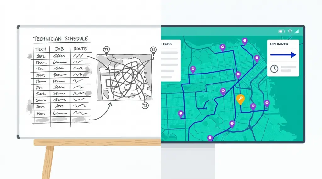 HVAC dispatch software route board next to a manual whiteboard schedule showing the difference in technician routes