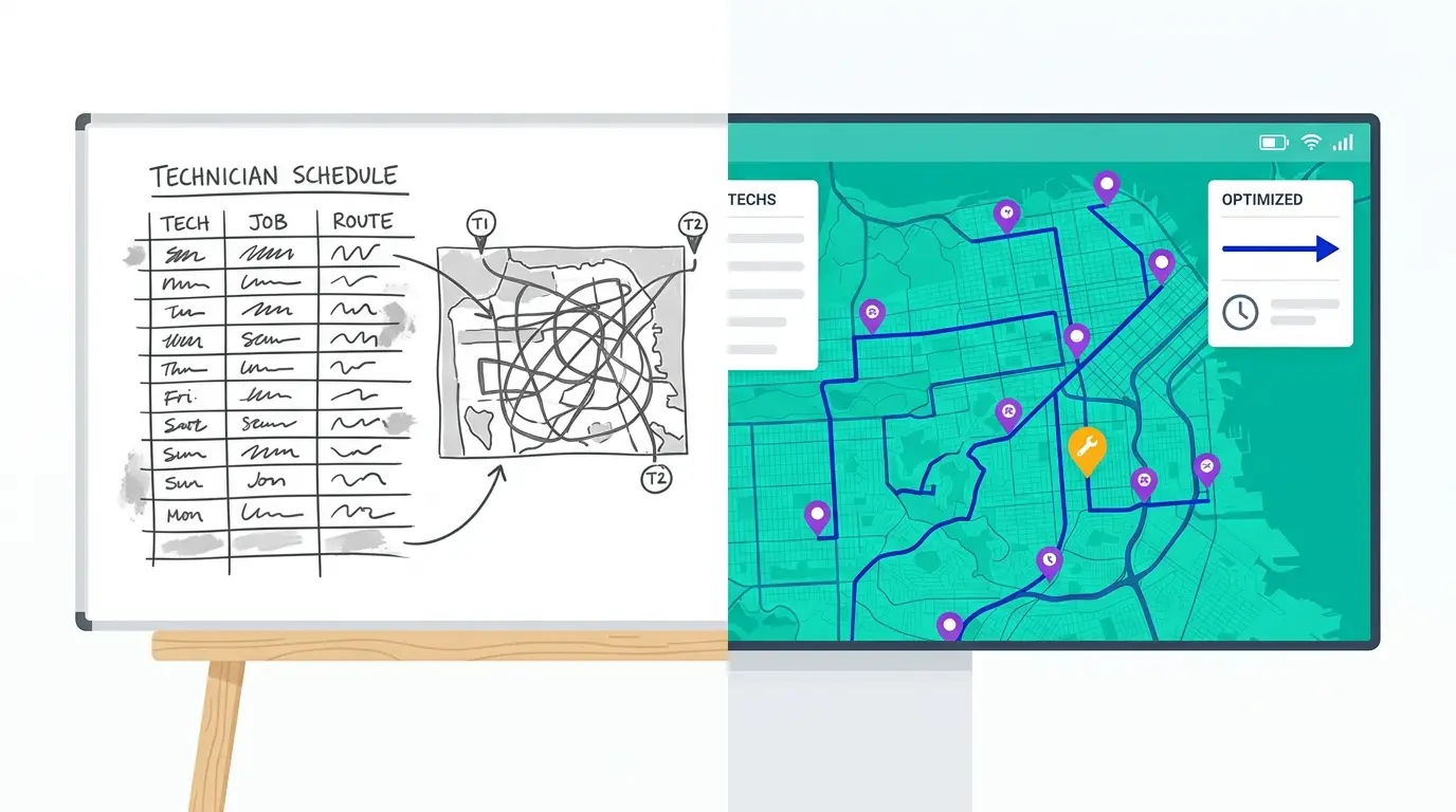 HVAC dispatch software route board next to a manual whiteboard schedule showing the difference in technician routes