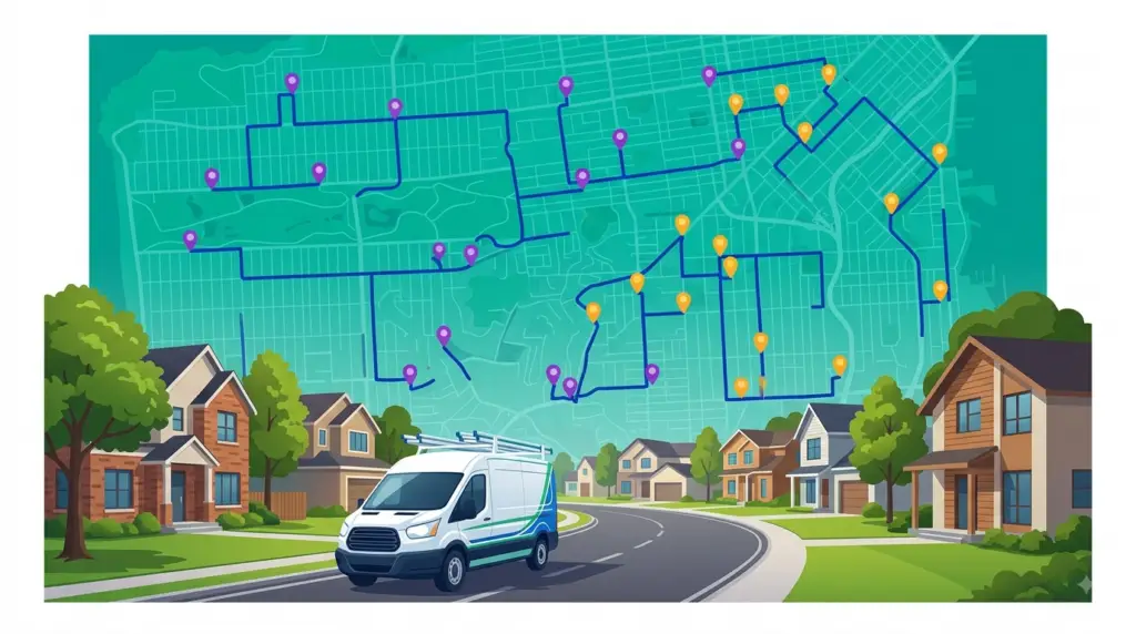Best HVAC routing software showing optimized technician routes across a city service area