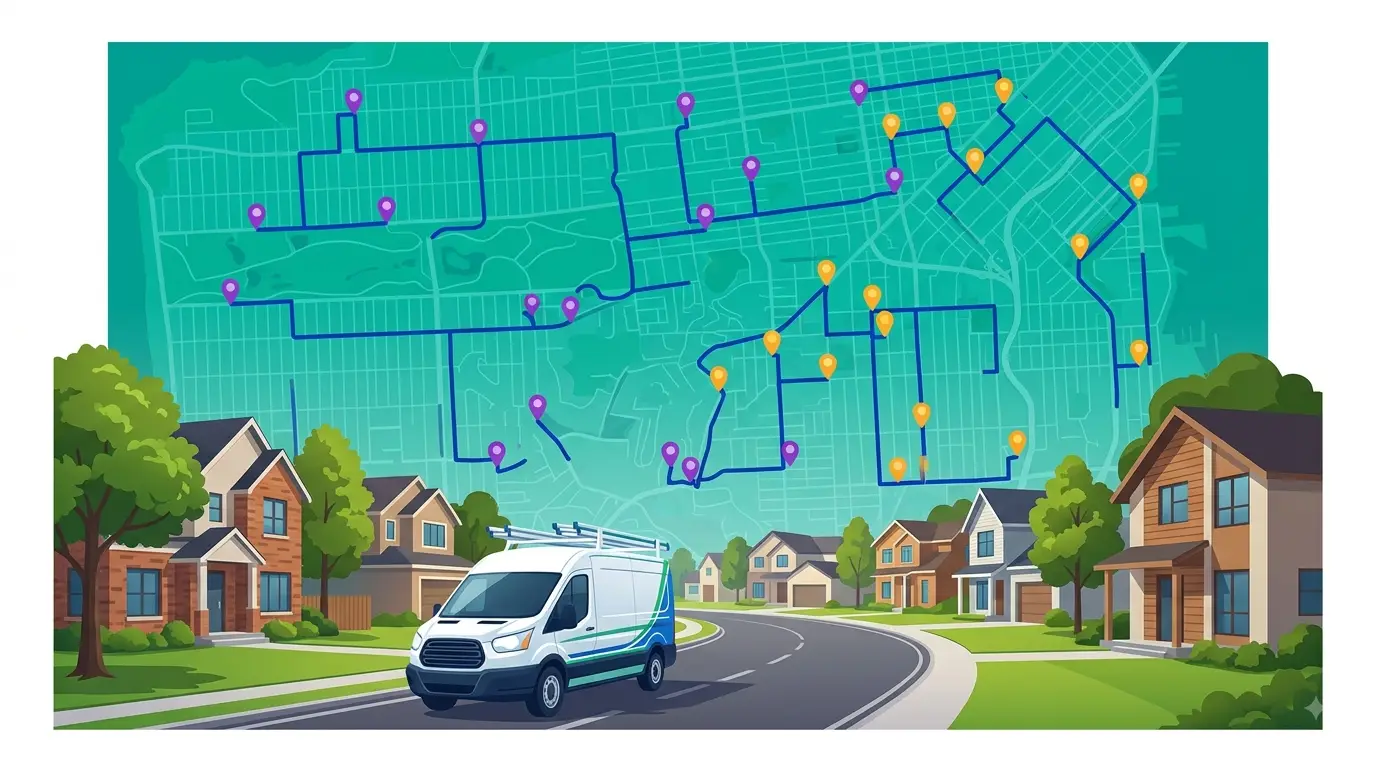 Best HVAC routing software showing optimized technician routes across a city service area